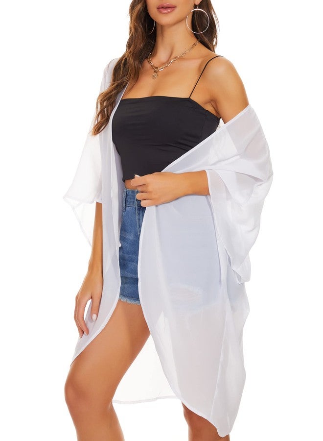 Moss Rose Women's Beach Kimono Coverup Sheer Chiffon Cover Ups, Casual Loose Open Front Cardigan Tops Solid White - Image 4